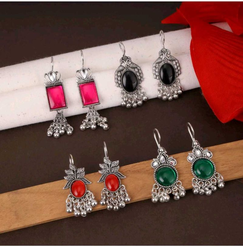 Colorful Stone Silver Earrings (Set of 4 )
