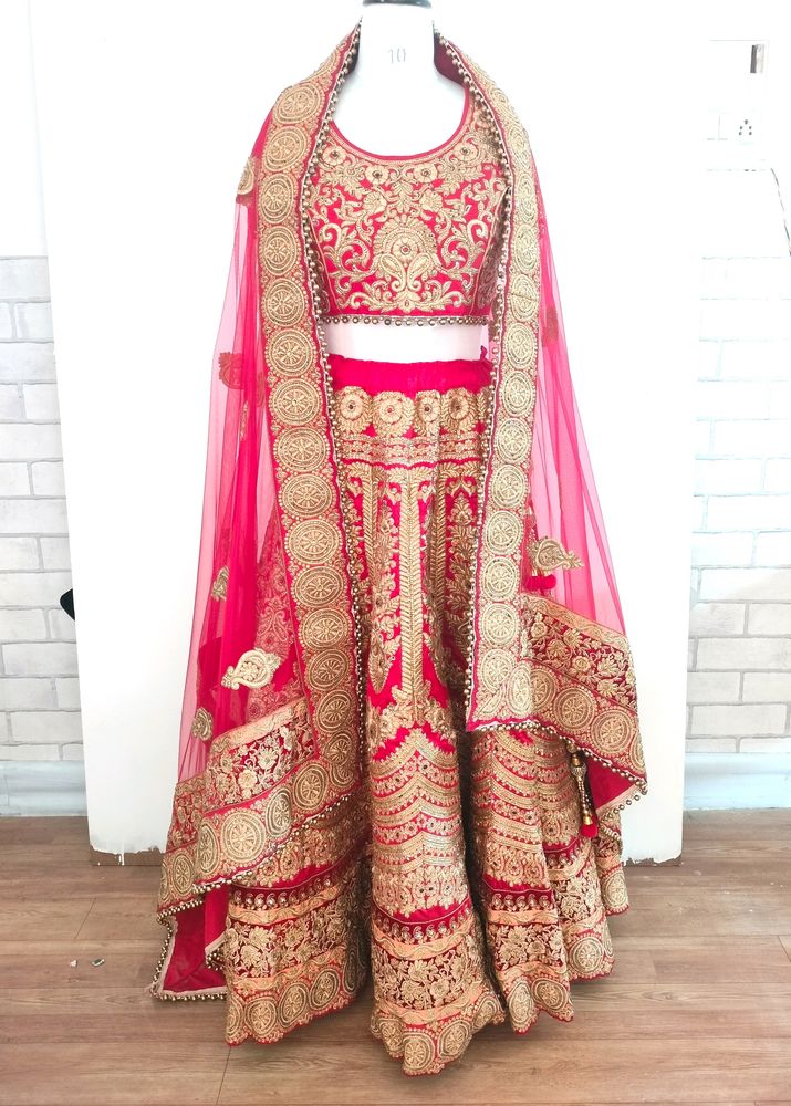 Red With Gold Embroidery Bridal Lehenga (Women&#39;s)