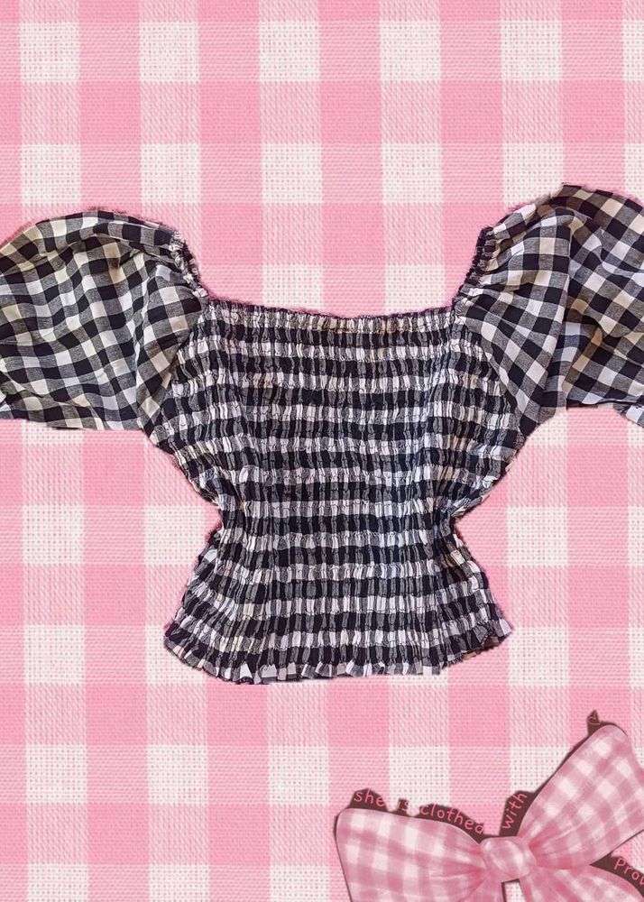Gingham Puff Sleeve Crop Top