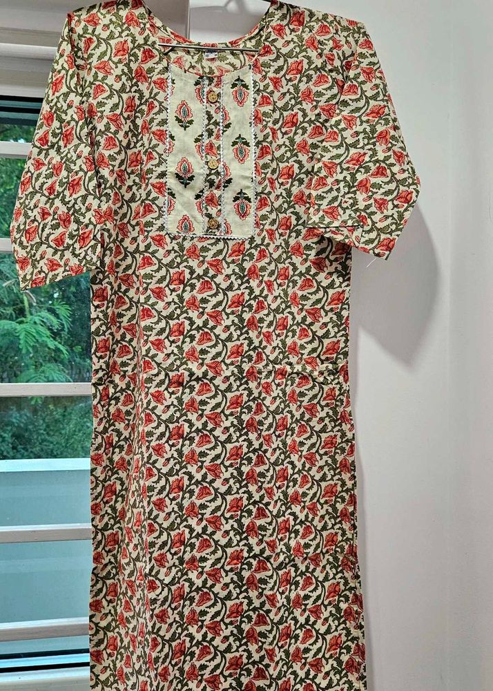 Floral Print Cream Kurta Set