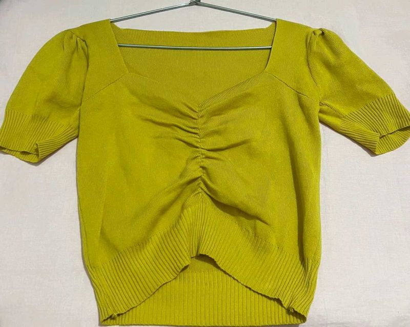 Mustard Cotton Crop Top | Fluffy Sleeves