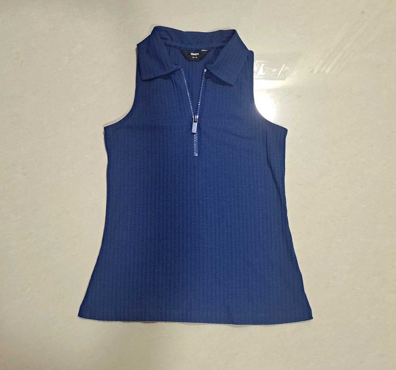 Navy Ribbed Zip-Up Sleeveless Top