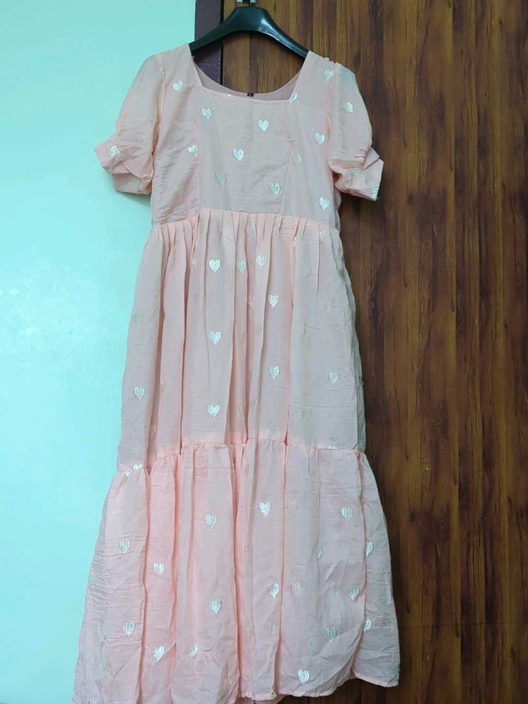 Peach Heart Print Tiered Dress