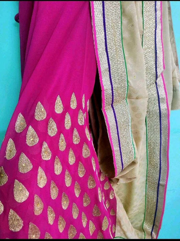 Pink &amp; Gold Embellished Saree
