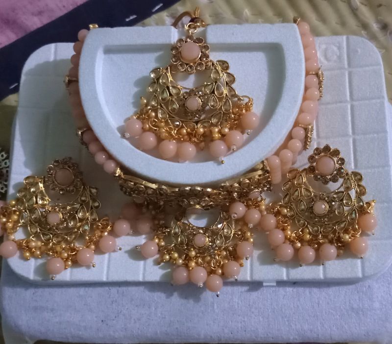 Golden With Peach Colour Perl Necklace Set