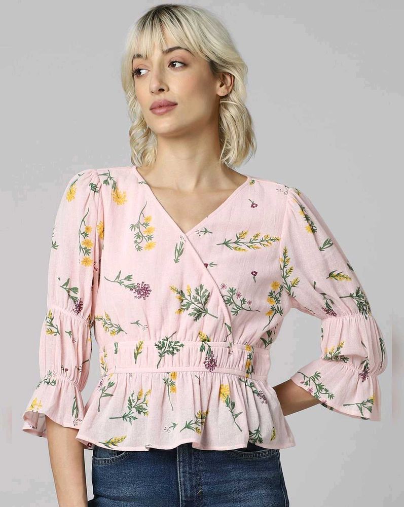 Only Brand Women Pink Floral Elastic Peplum Top