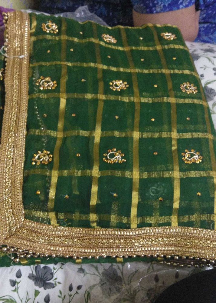 Green &amp; Gold Embellished Saree