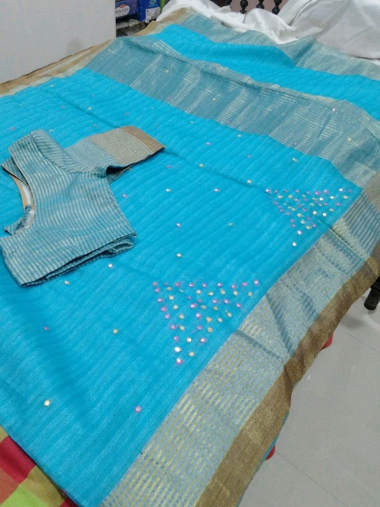 Cotton Organza Sky-blue Saree