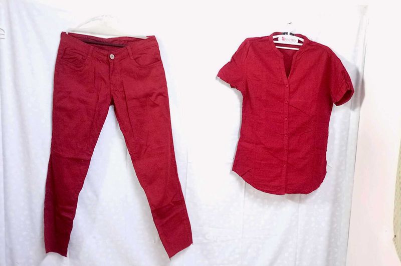 Collarless V Style Maroon  Shirt With Pant