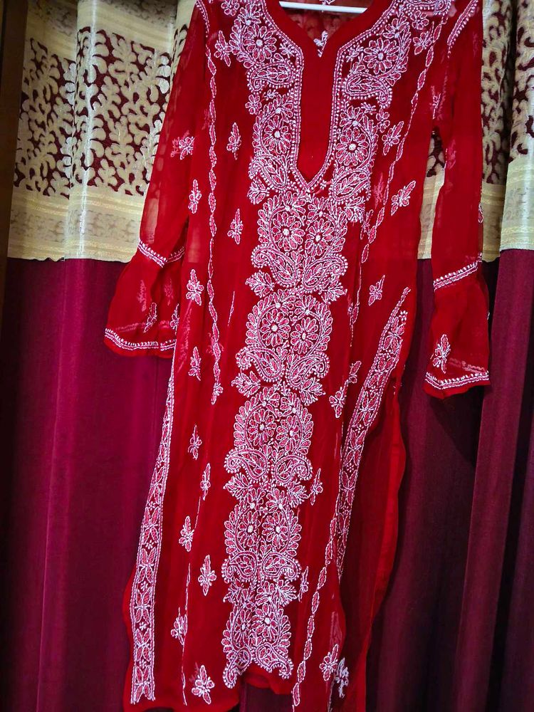 Red Chikankari Kurti