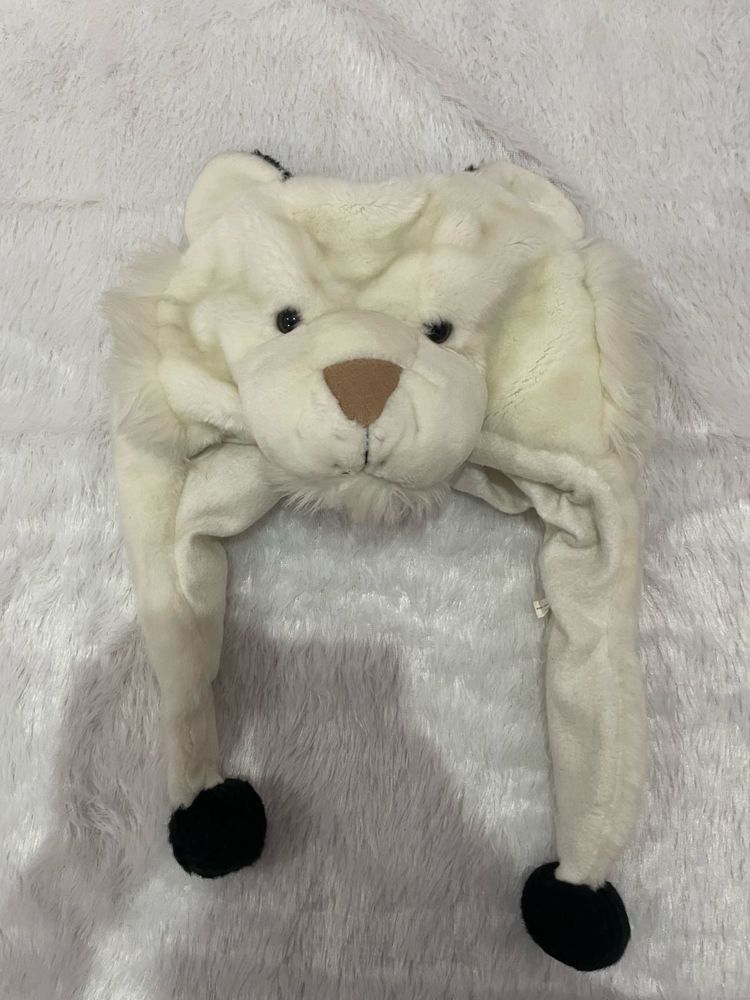 Cute white lion Hat with Attached Mittens