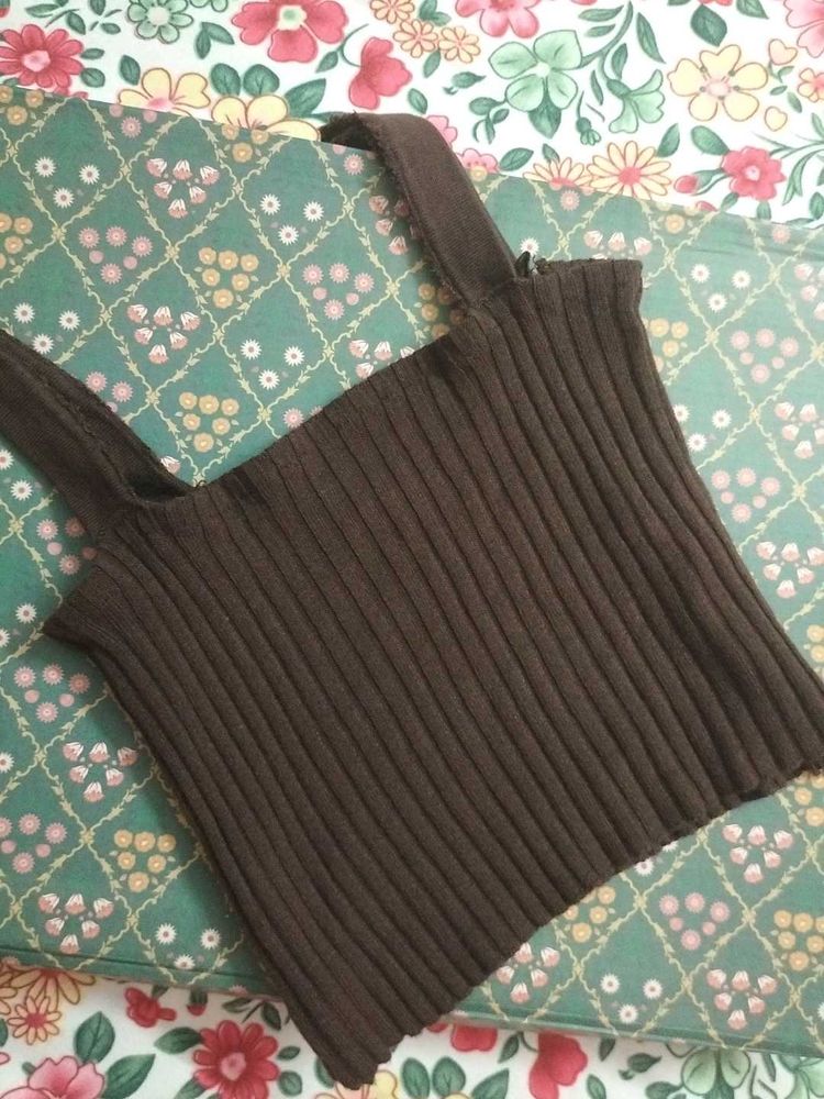 Brown Ribbed Knit Tank Top