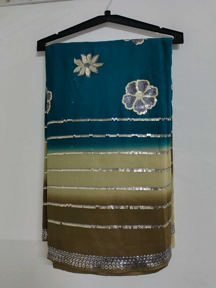 Elegant Teal &amp; Brown Saree