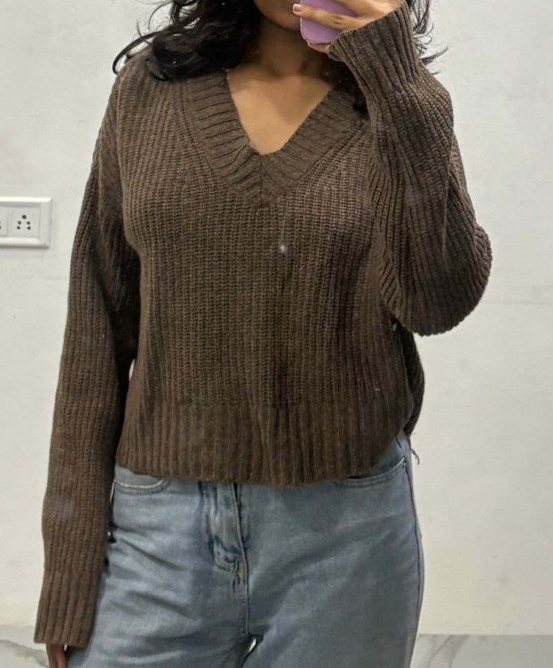 Brown Crop V Neck Cardigan