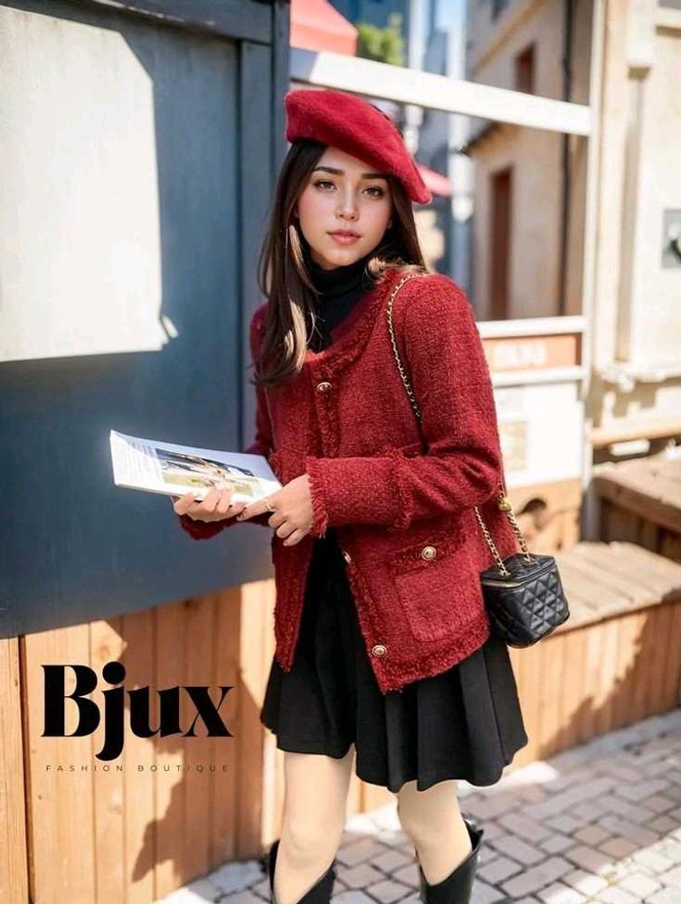 Luxury Red Tweed Korean Jacket