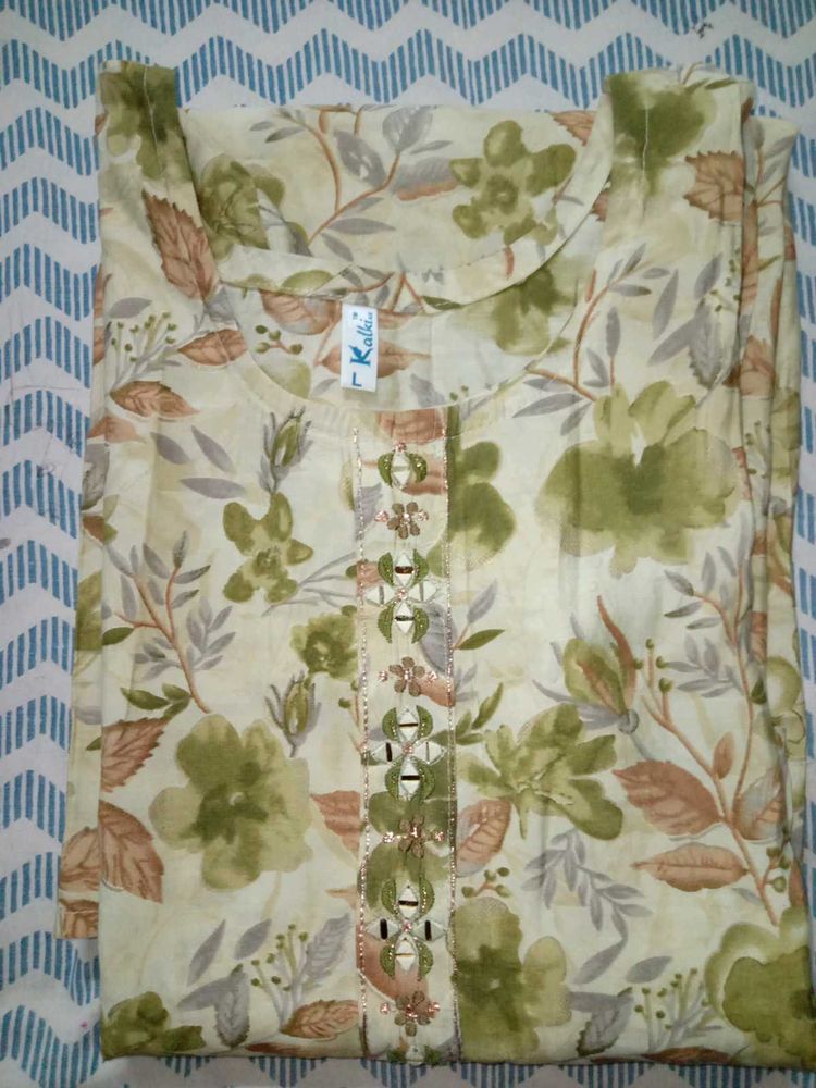 Printed Straight Kurti in lime green colour