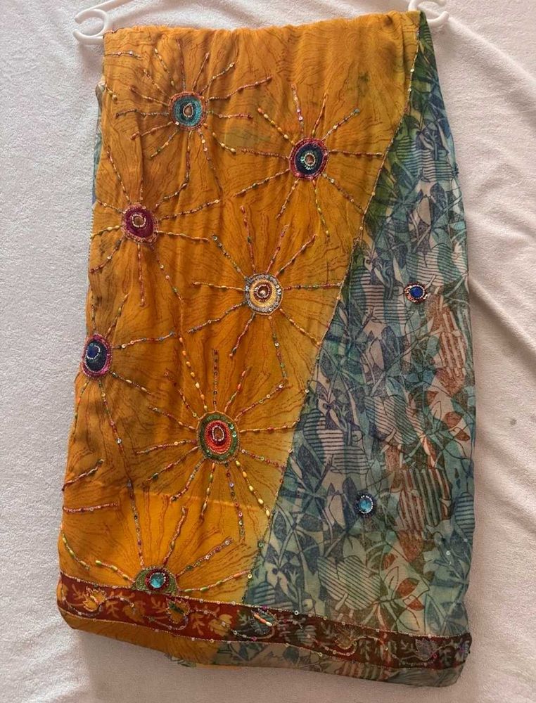 Beaded Dual-tone Saree In Mustard And Teal