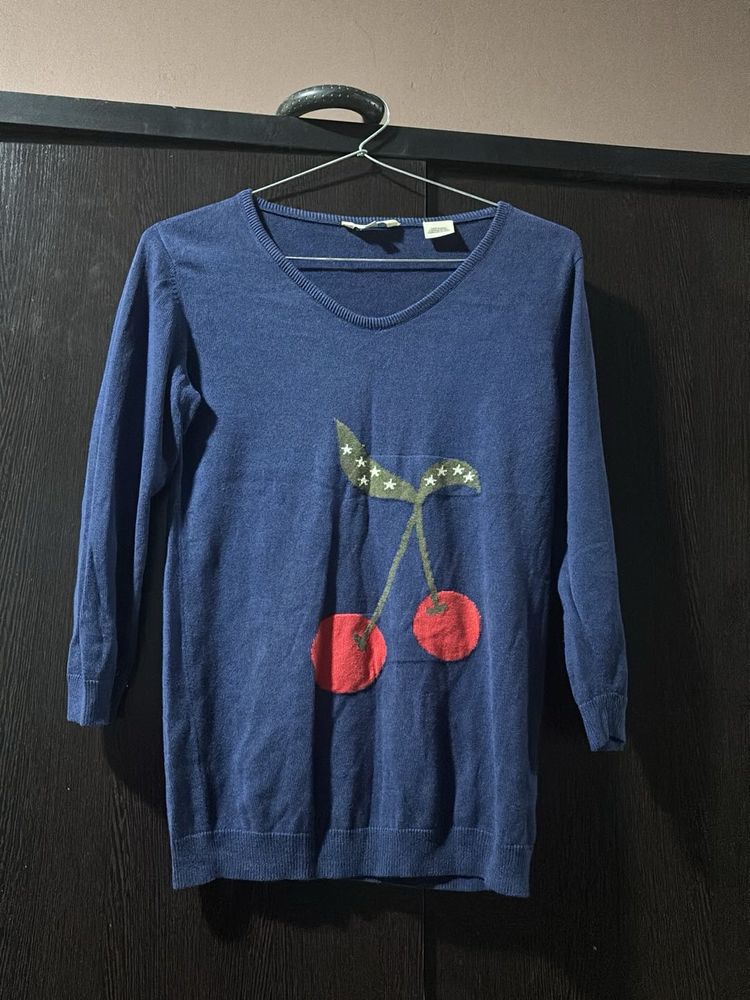 Blue Knit Top with Cherry Design