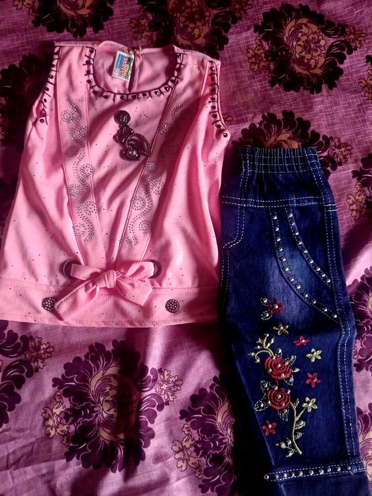 Cute Pink Top &amp; Embroidered Jeans Set