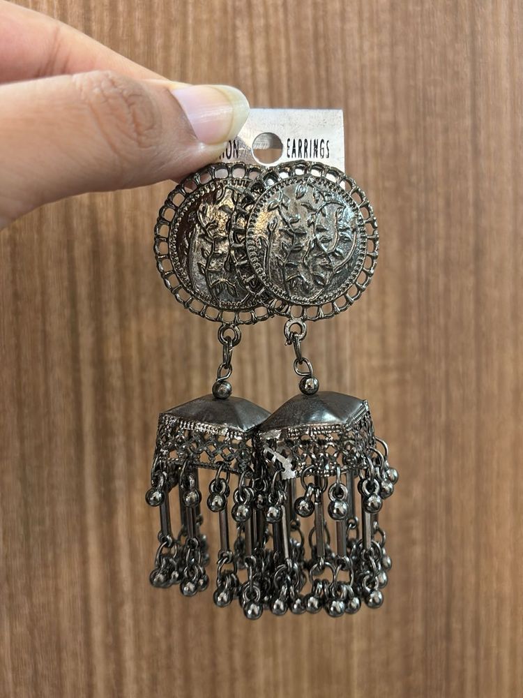 Grey Oxidised Jhumka Earrings
