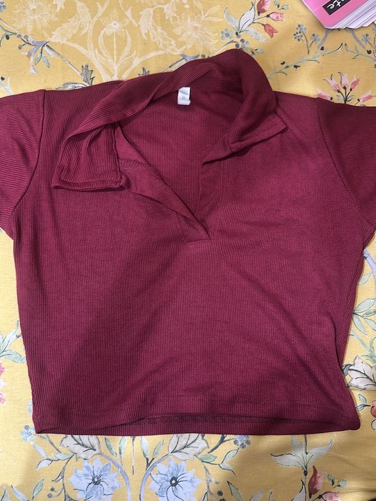 Burgundy Ribbed Polo Crop Top