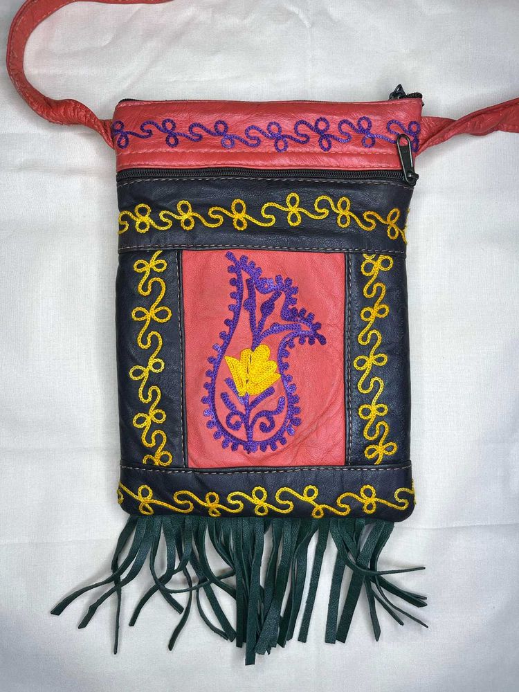 Embroidered Leather Fringe Bag