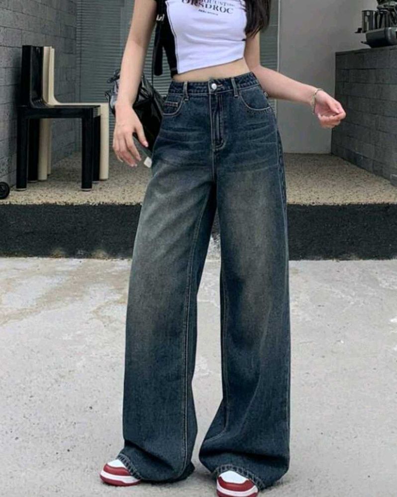 Premium Blue Vintage Wash Super Wide Leg Jeans
