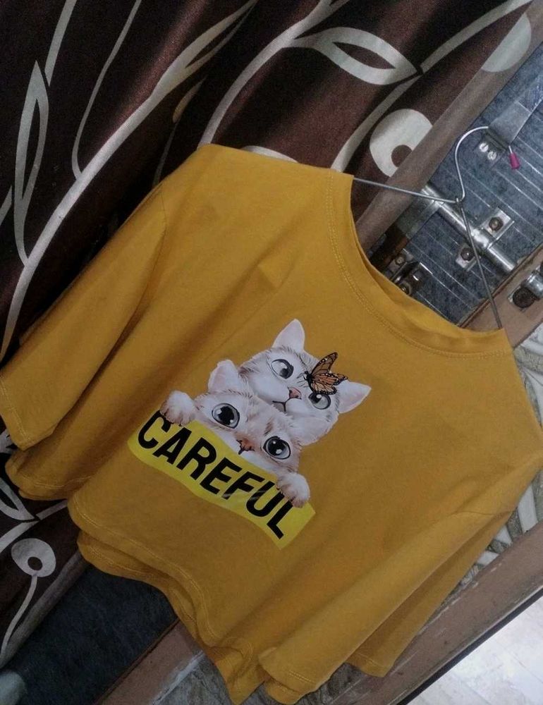 Cat Print Mustard Colour Crop Top....