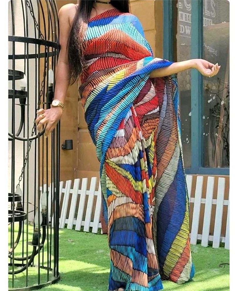 Women Crushed Pleated Multicolor Designer Saree