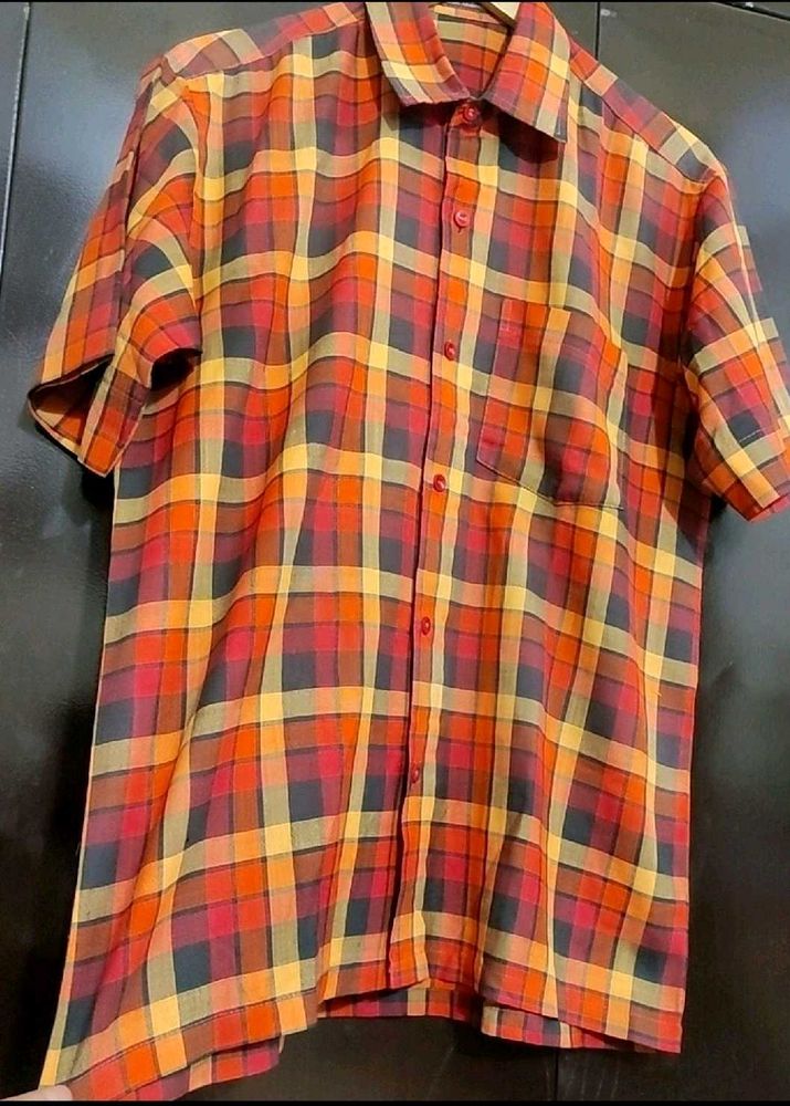 Coral Color Check Print Shirt For 40 Chest