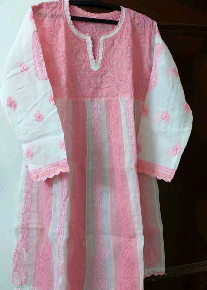 Pink &amp; White Embroidered Lucknowi Kurti