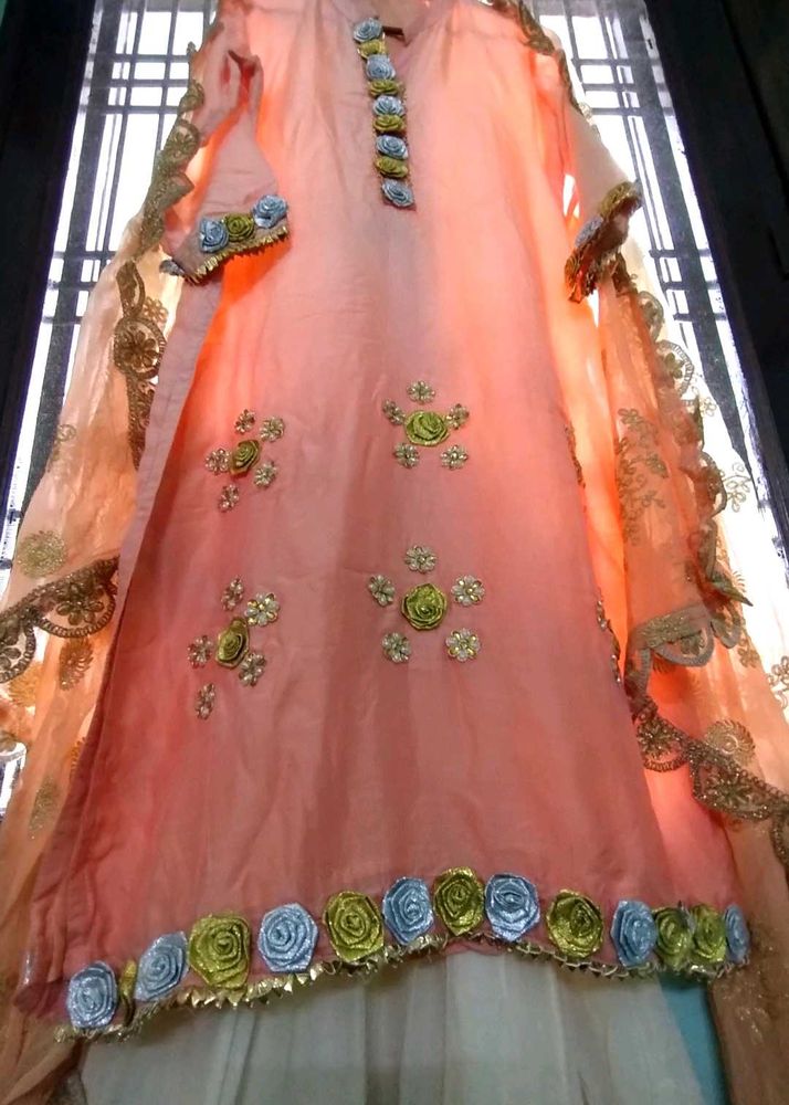 Peach Kurta Set With Garara