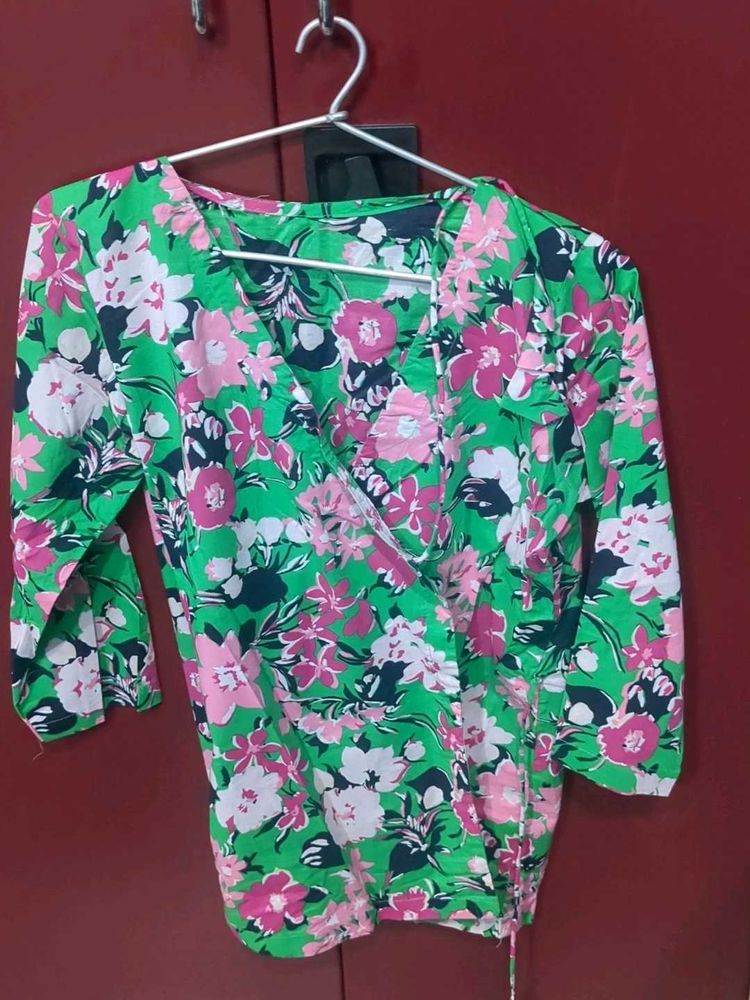 Floral Green Wrap Top