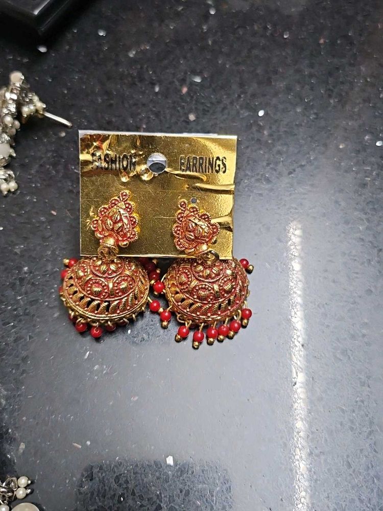 Red &amp; Gold Jhumka Earrings
