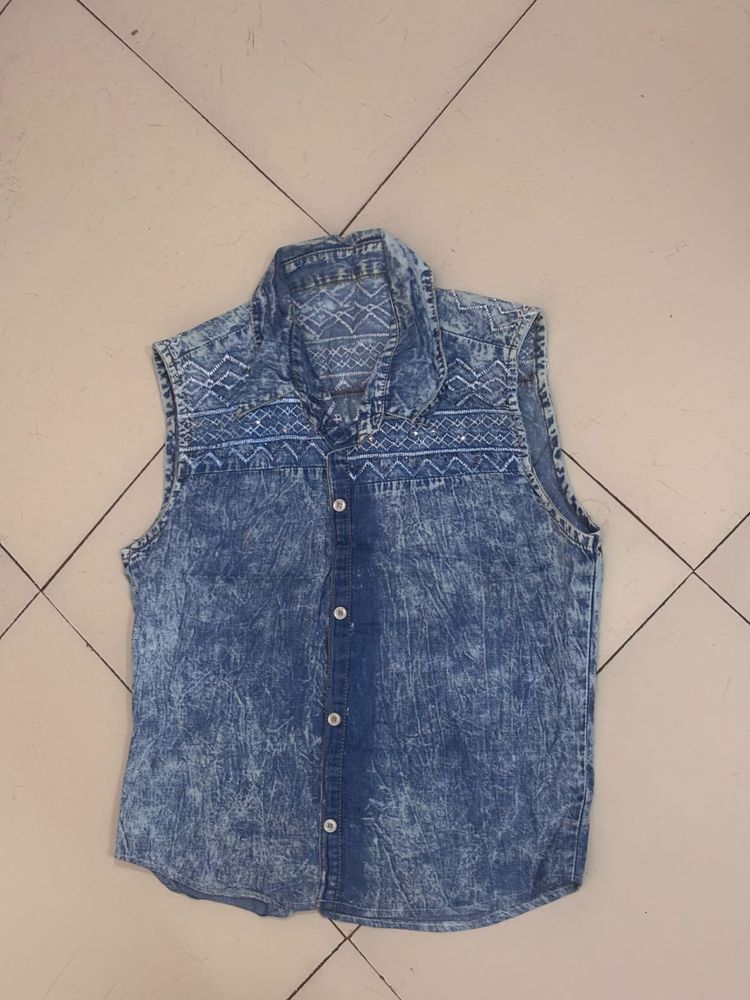 Denim Sleeveless Button-Down Shirt