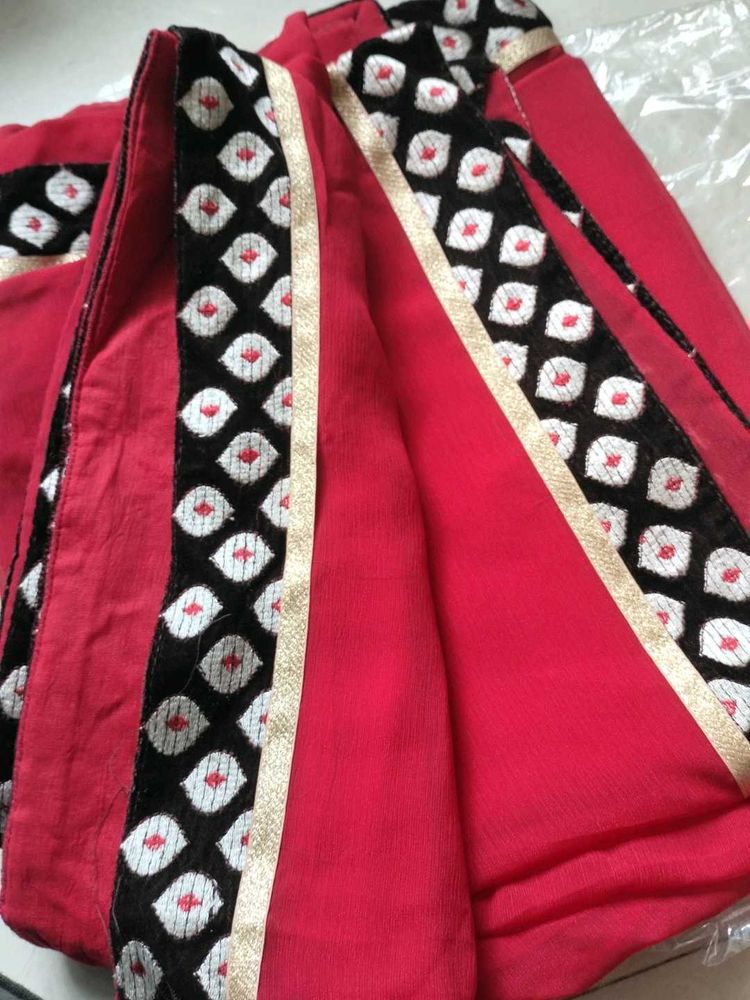 Red Saree With Dark Brown Border... Navratri Sale