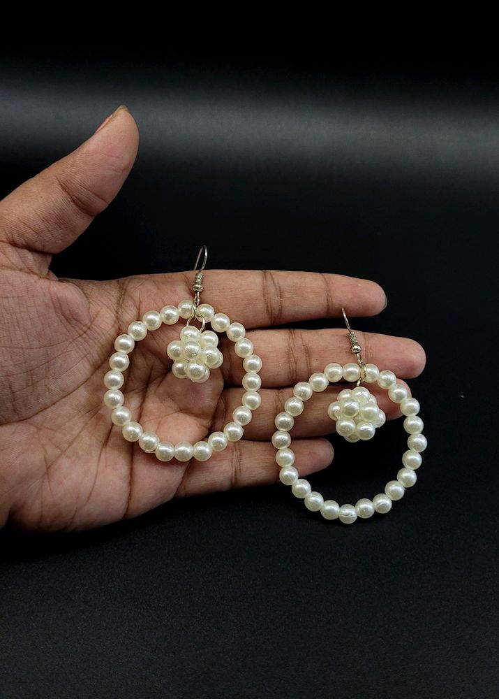 Handmade Pearl Ball Hoop Earrings White Colour