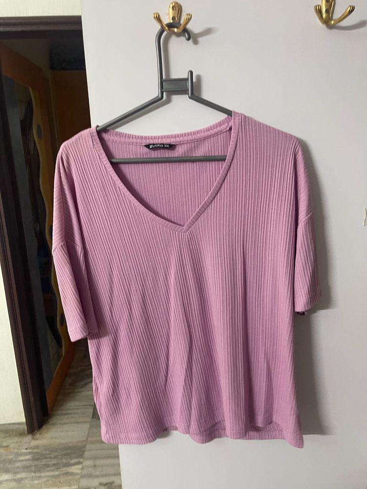 Lilac Ribbed V-Neck Top