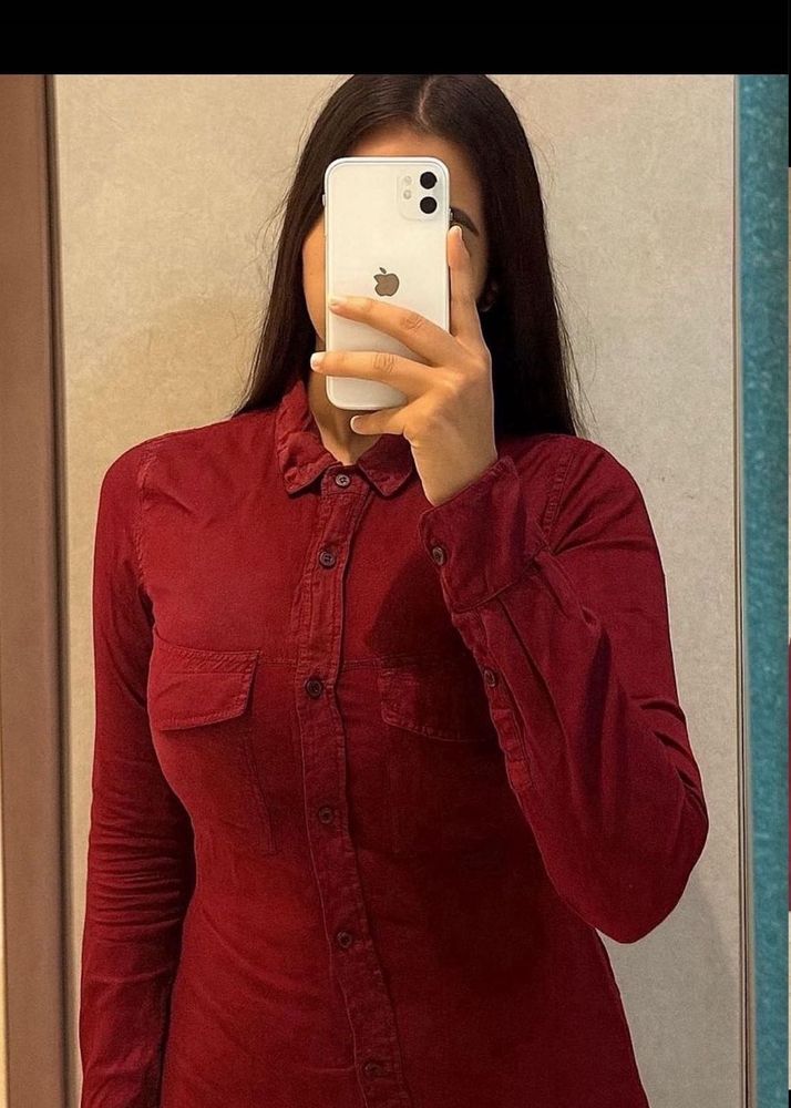 Red Button-Down Shirt Dress