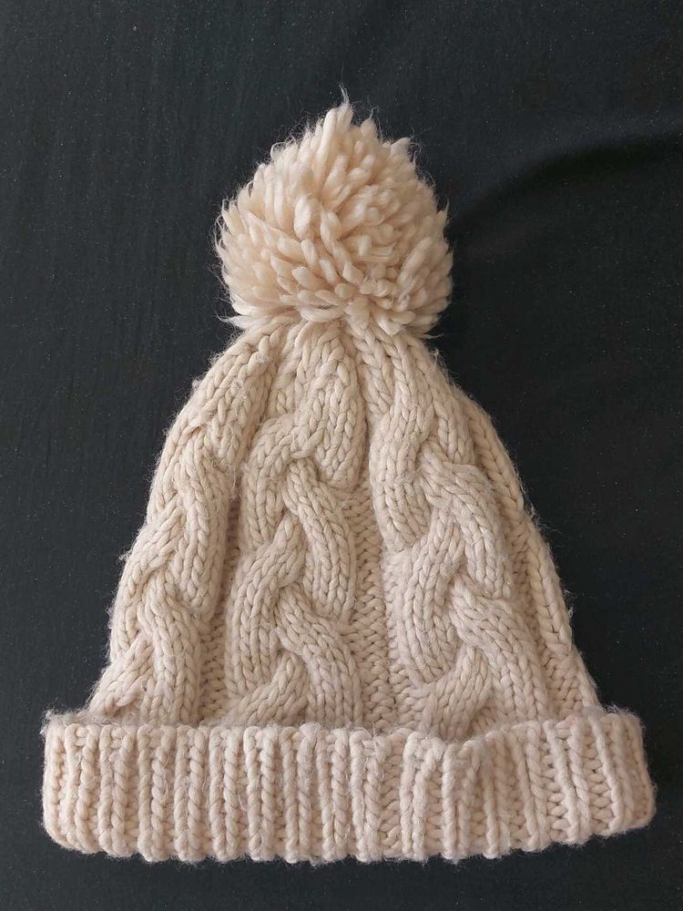Cream Cable Knit Beanie with Pom