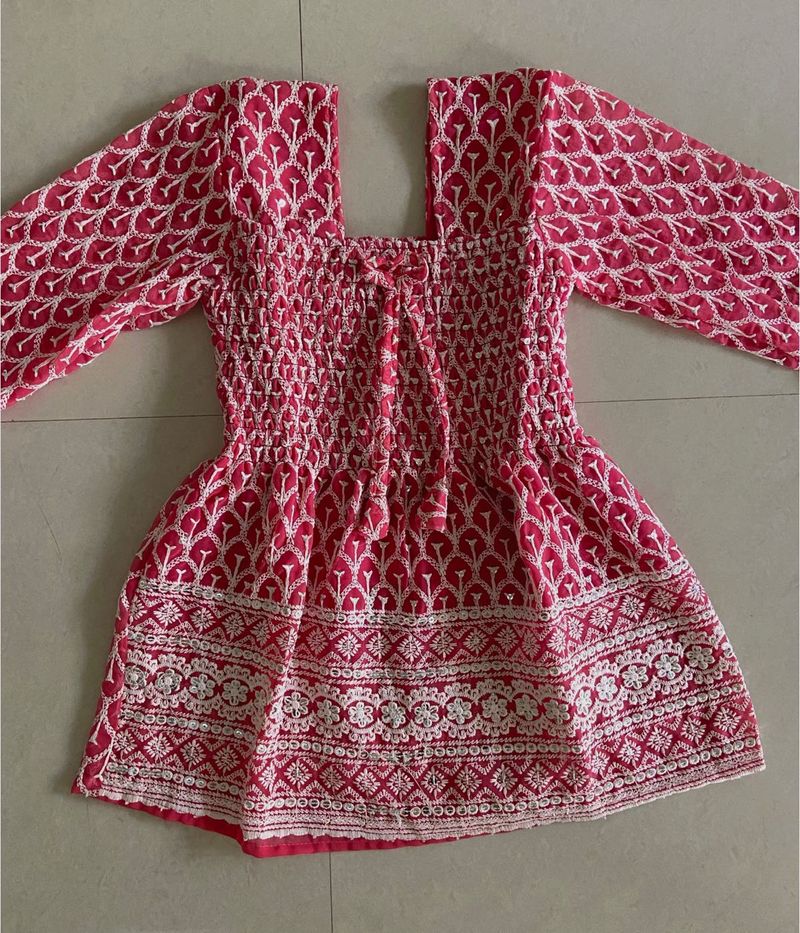 Pink Embroidered Chikankari Short Kutri