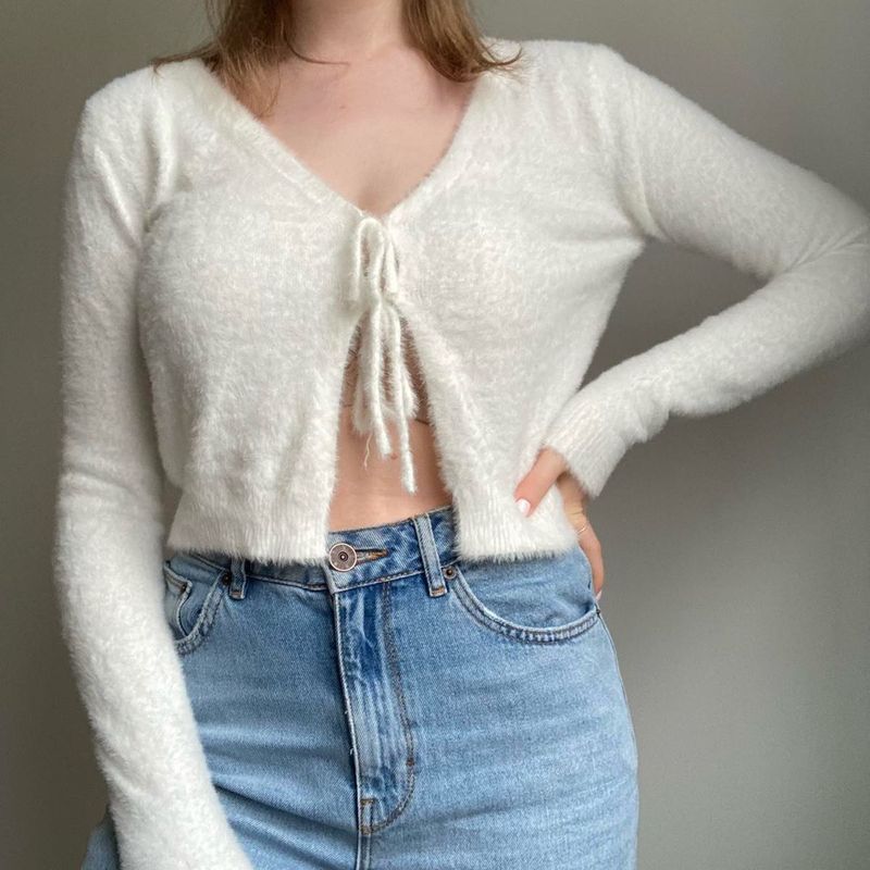 Hollister Coquette Fuzzy Sweater Cardigan Bow XS