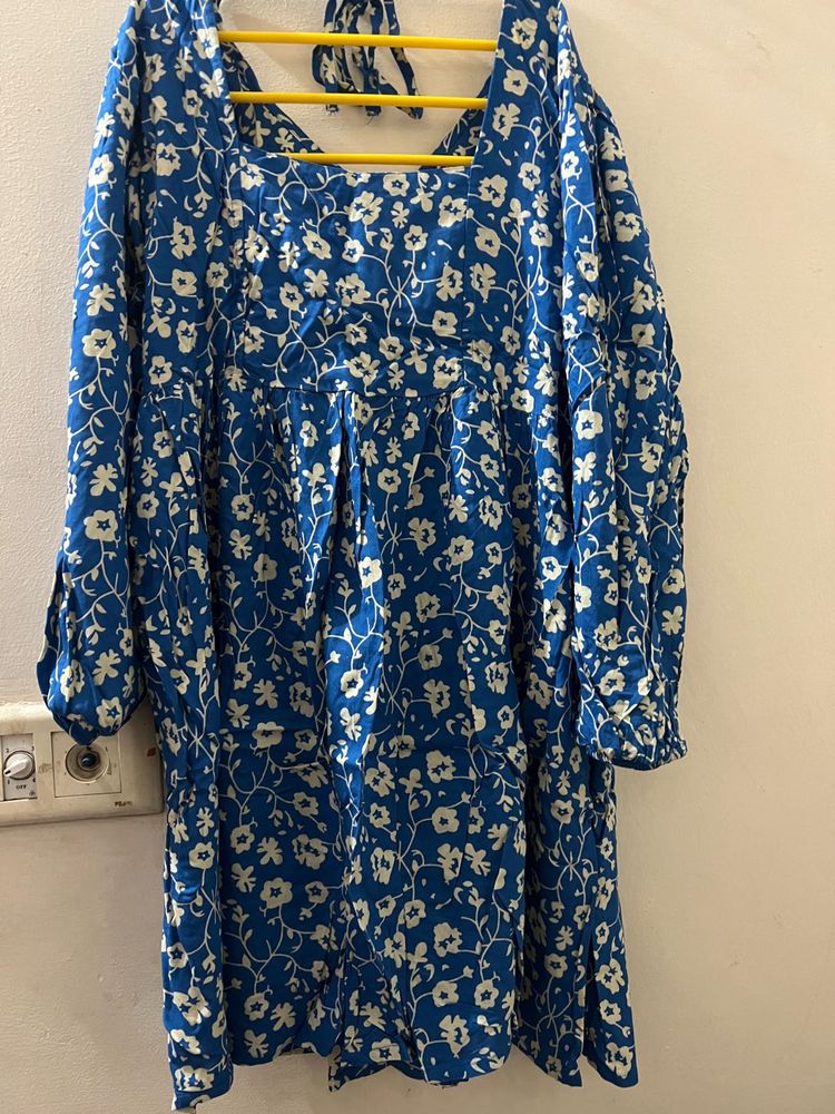 Blue Floral Babydoll Mini Dress