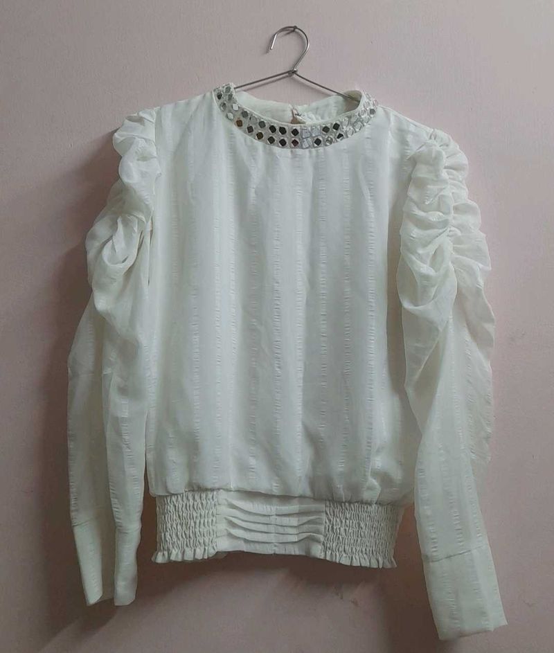 White Ruffle Sleeve Top