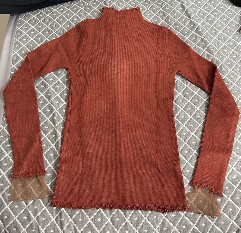 Rust-Colored Ribbed Mock Neck Top