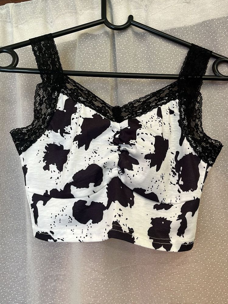 Cow Print Tank Crop With Lace