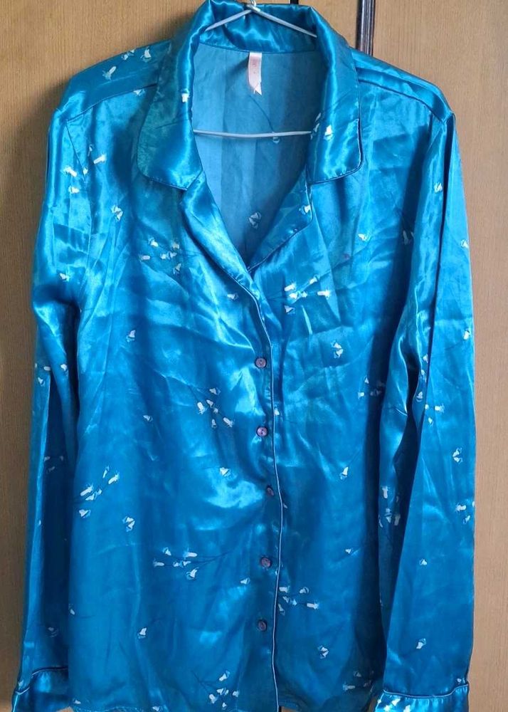 Teal Silky Button-Down Top