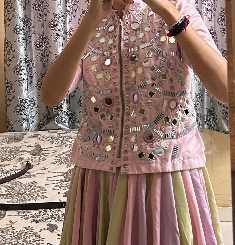 pink mirror work lehenga choli