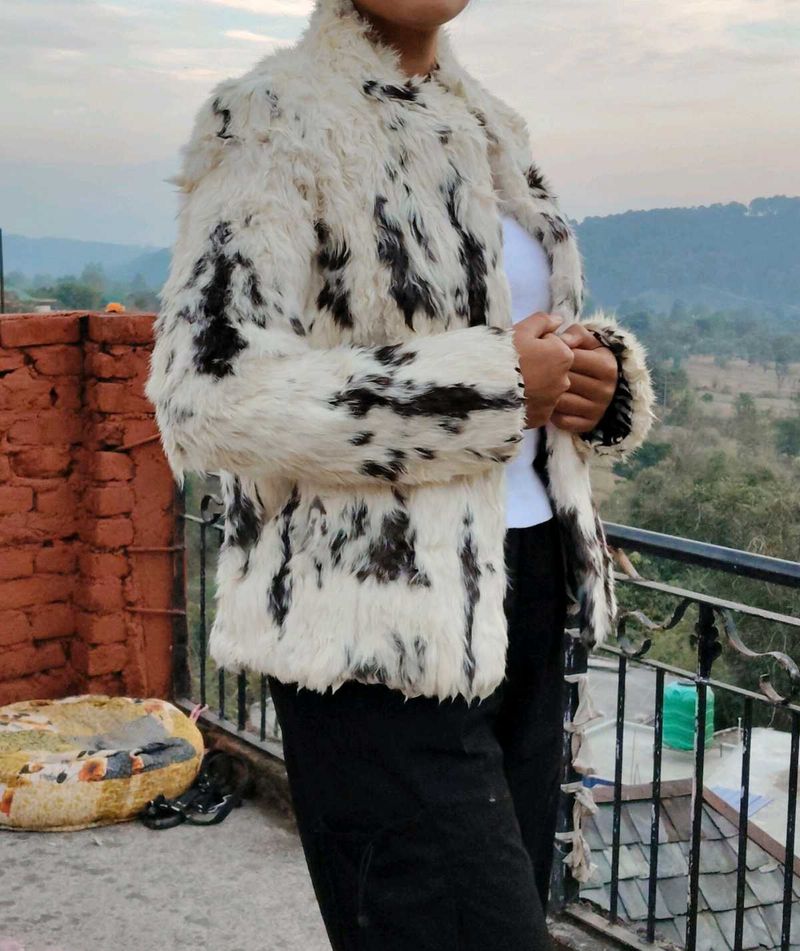 Fuzzy Black &amp; White Spotted Jacket