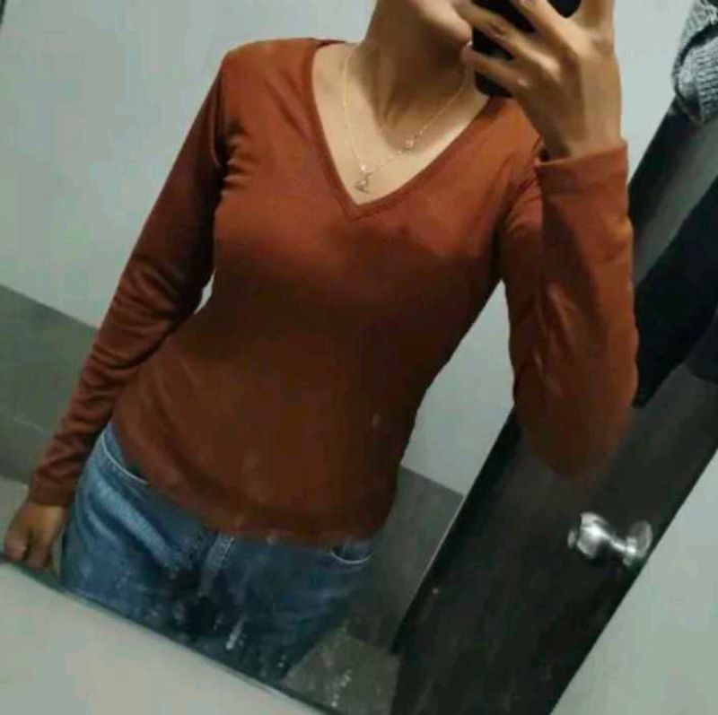 Brown V-Neck Long Sleeve Top